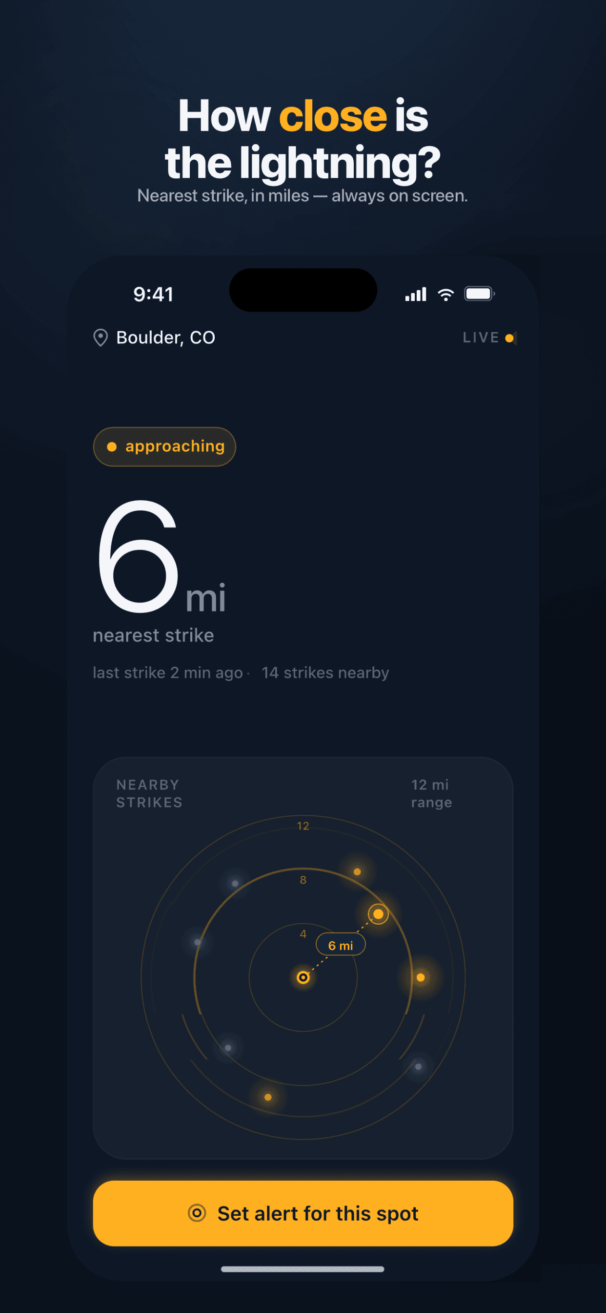 StrikeCast app: 6 mi nearest strike — approaching
