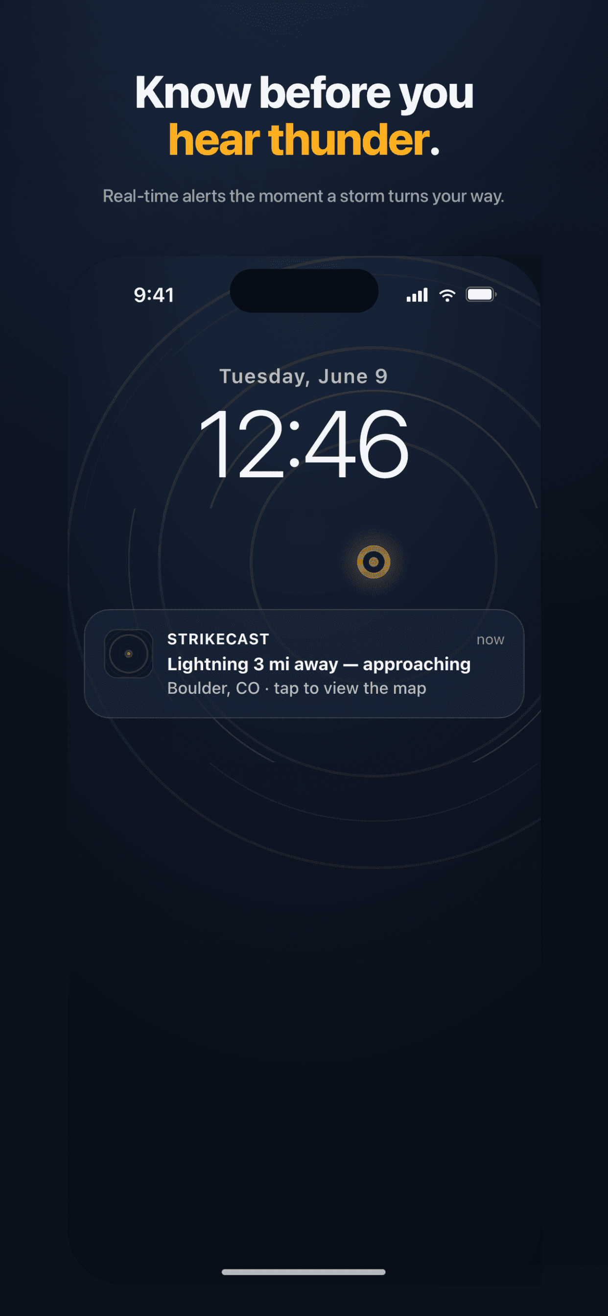 StrikeCast push notification: Lightning 3 mi away — approaching